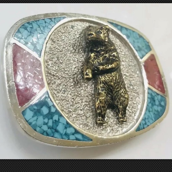 Vtg Navajo M.C. Silver Bear Buckle Turquoise Inlay - Picture 1 of 8